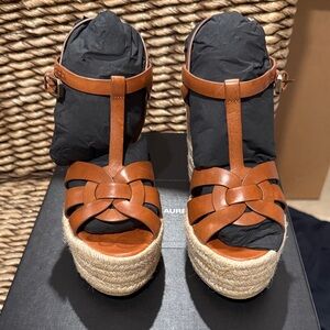 YSL Brown Leather Wedge Sandals